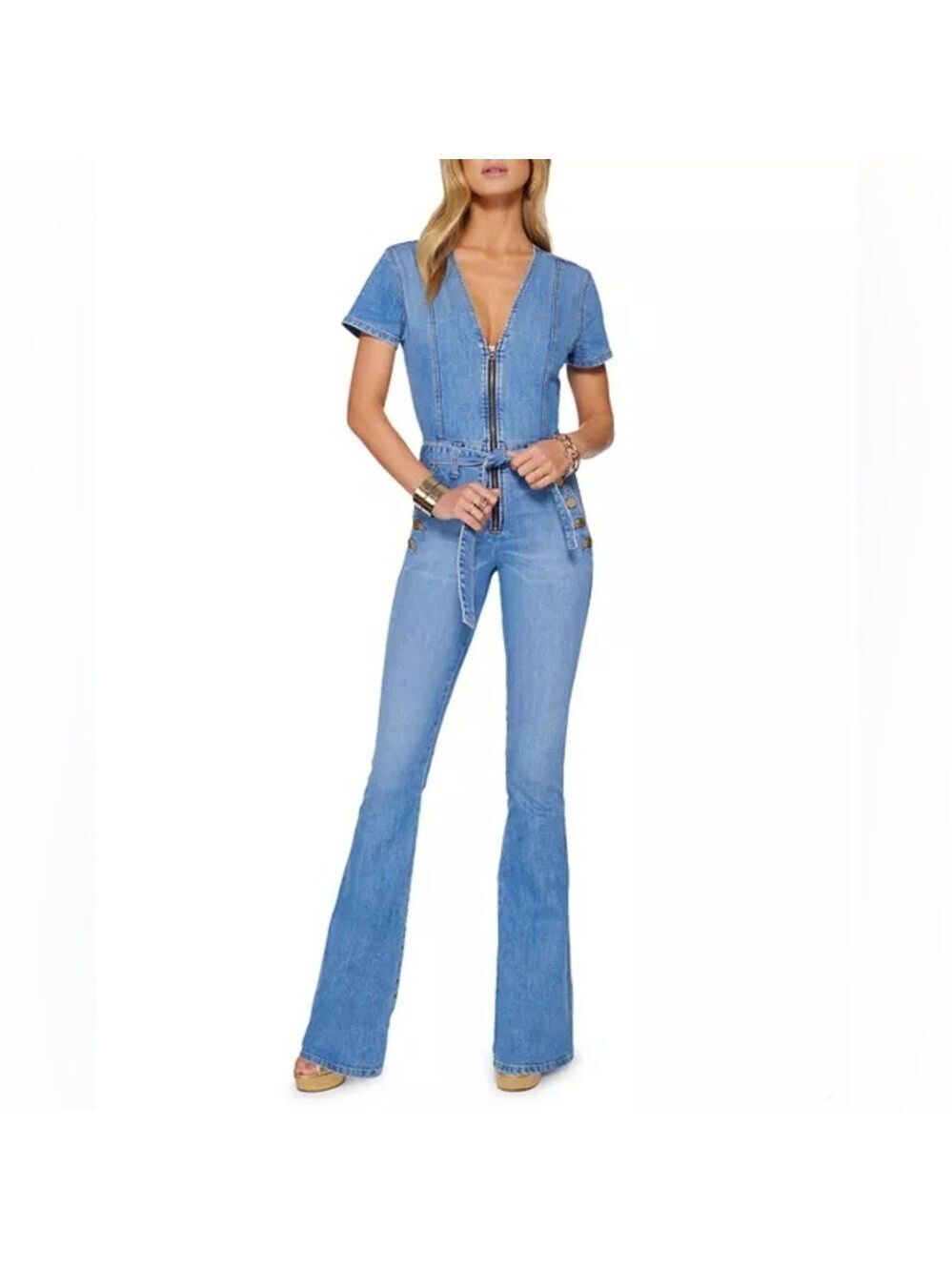 Ramy Brook Helena Zip-Front Flared Leg Denim Jumpsuit - Size 31